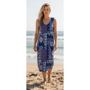 Stan Herman Patchwork Maxi Lounge Dress Beach Pool Cover Up Navy M